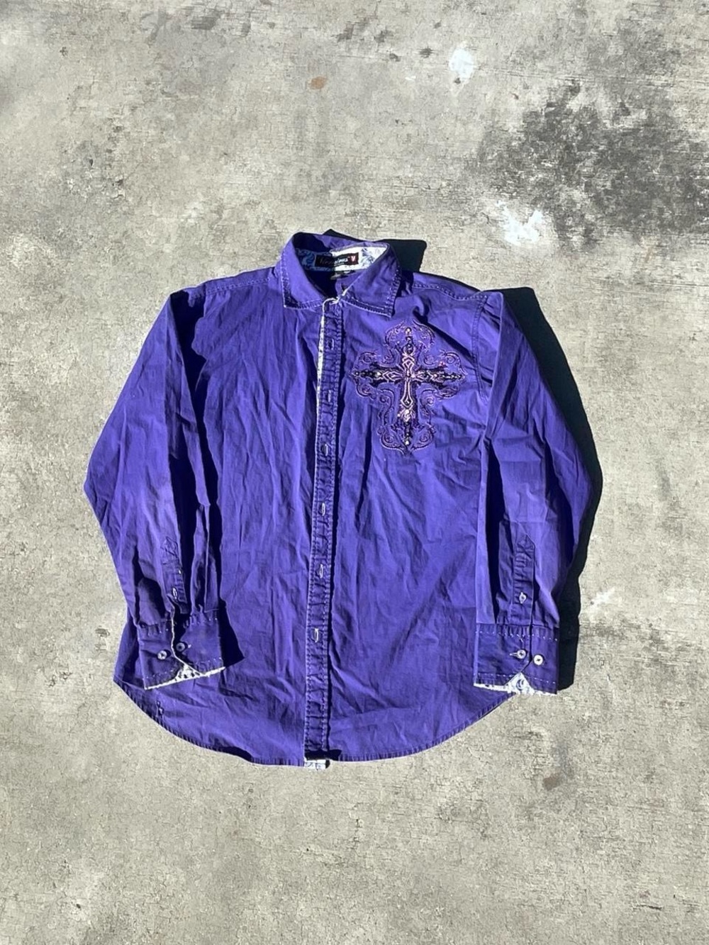 Victorious Purple Embroidered Cross Men's Button-Up Shirt Jacket